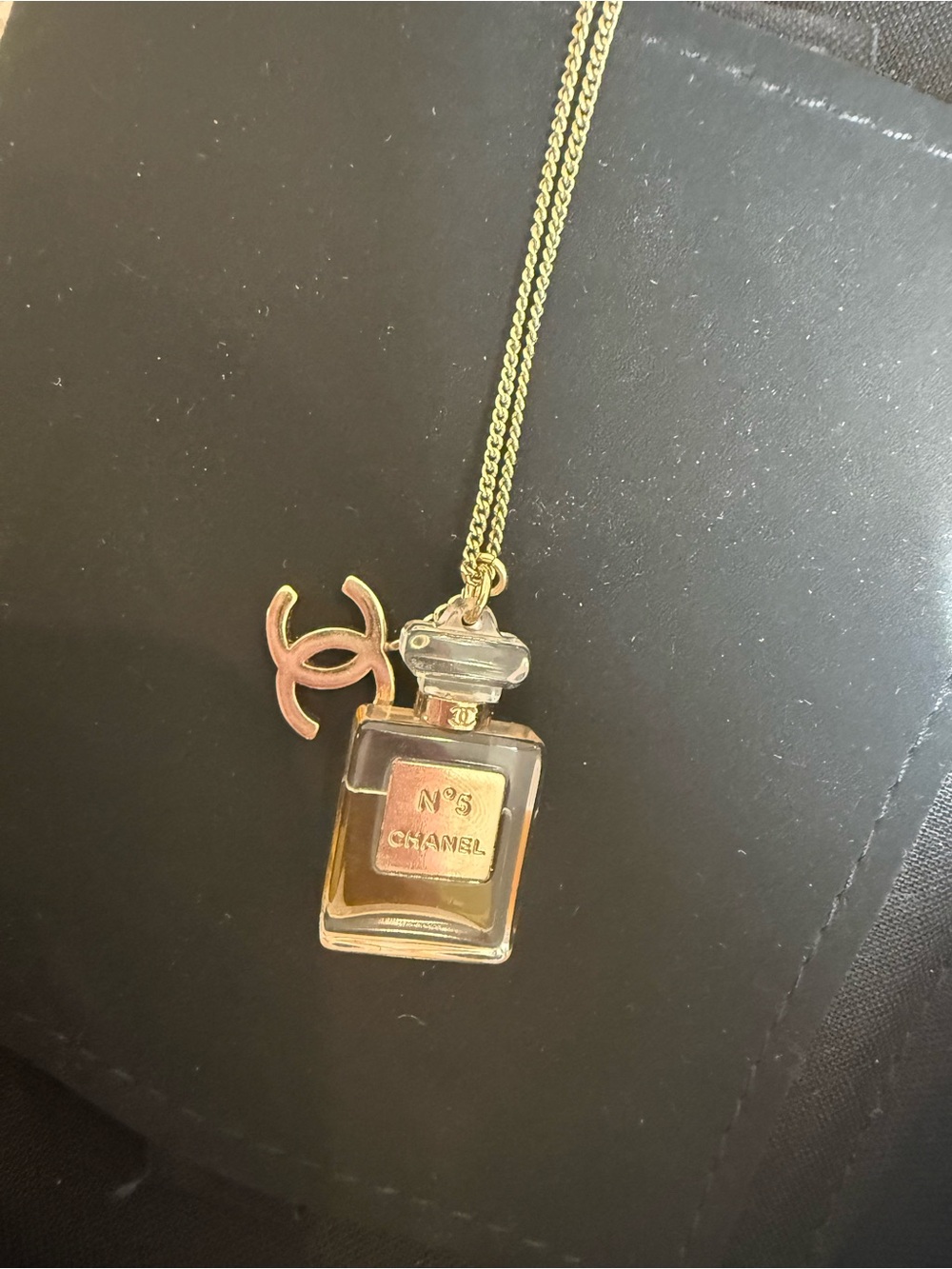 CHANEL Gold-Tone No.5 Bottle Pendant Necklace with CC Charm